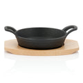 Plat de service, Ø 16 cm, en fonte, avec socle en bois.