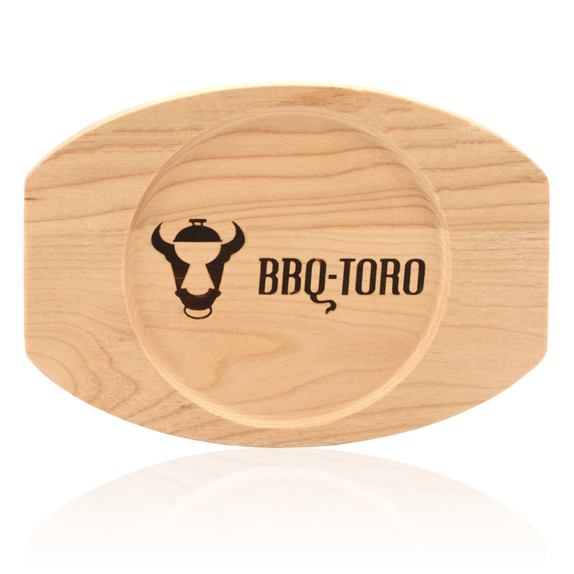 Plat de service, Ø 16 cm, en fonte, avec socle en bois.