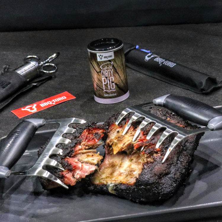 Pulled Pork Set, 5-teilig, inkl. Fleischmarinierspritze, Thermometer und Fleischkrallen