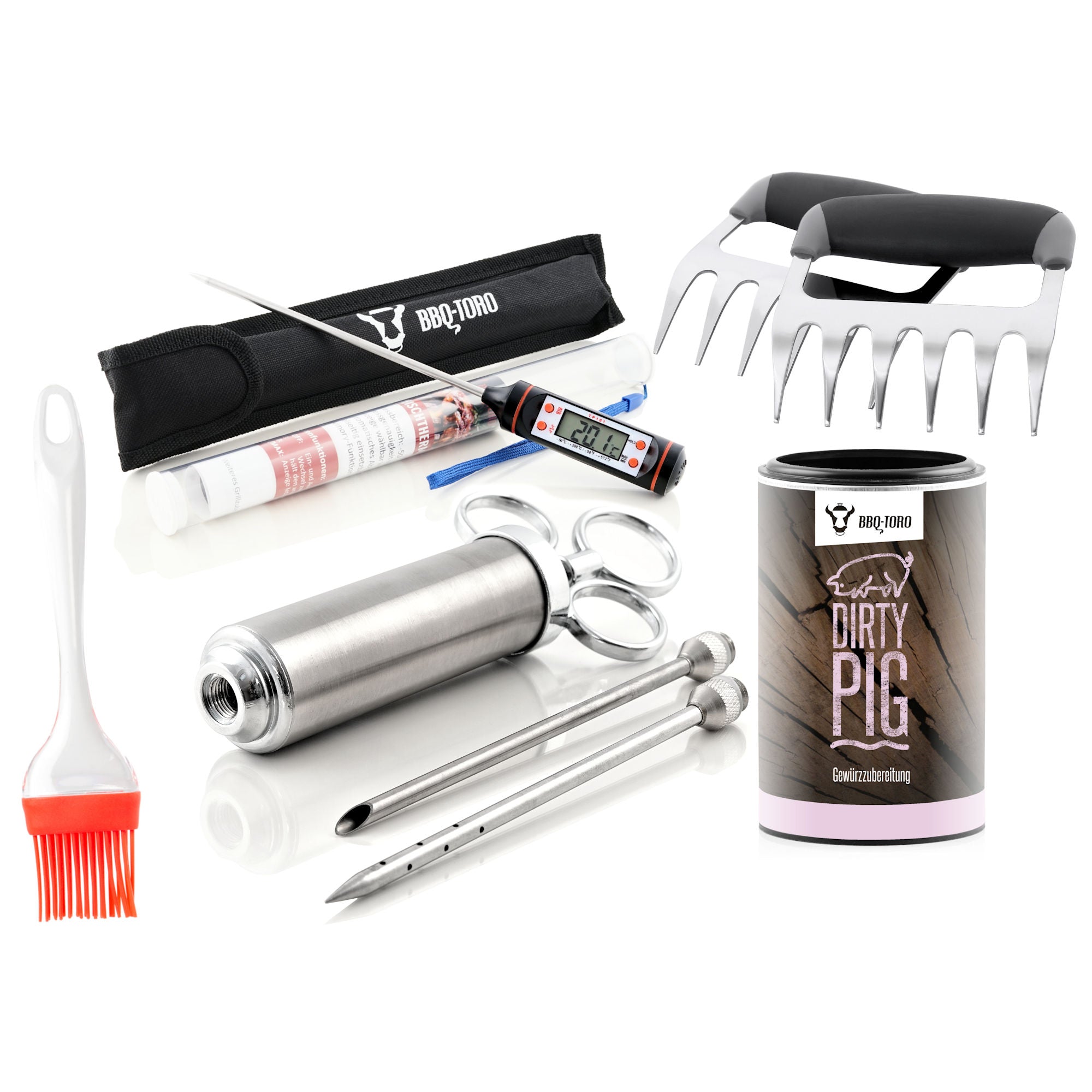 Pulled Pork Set, 5-teilig, inkl. Fleischmarinierspritze, Thermometer und Fleischkrallen