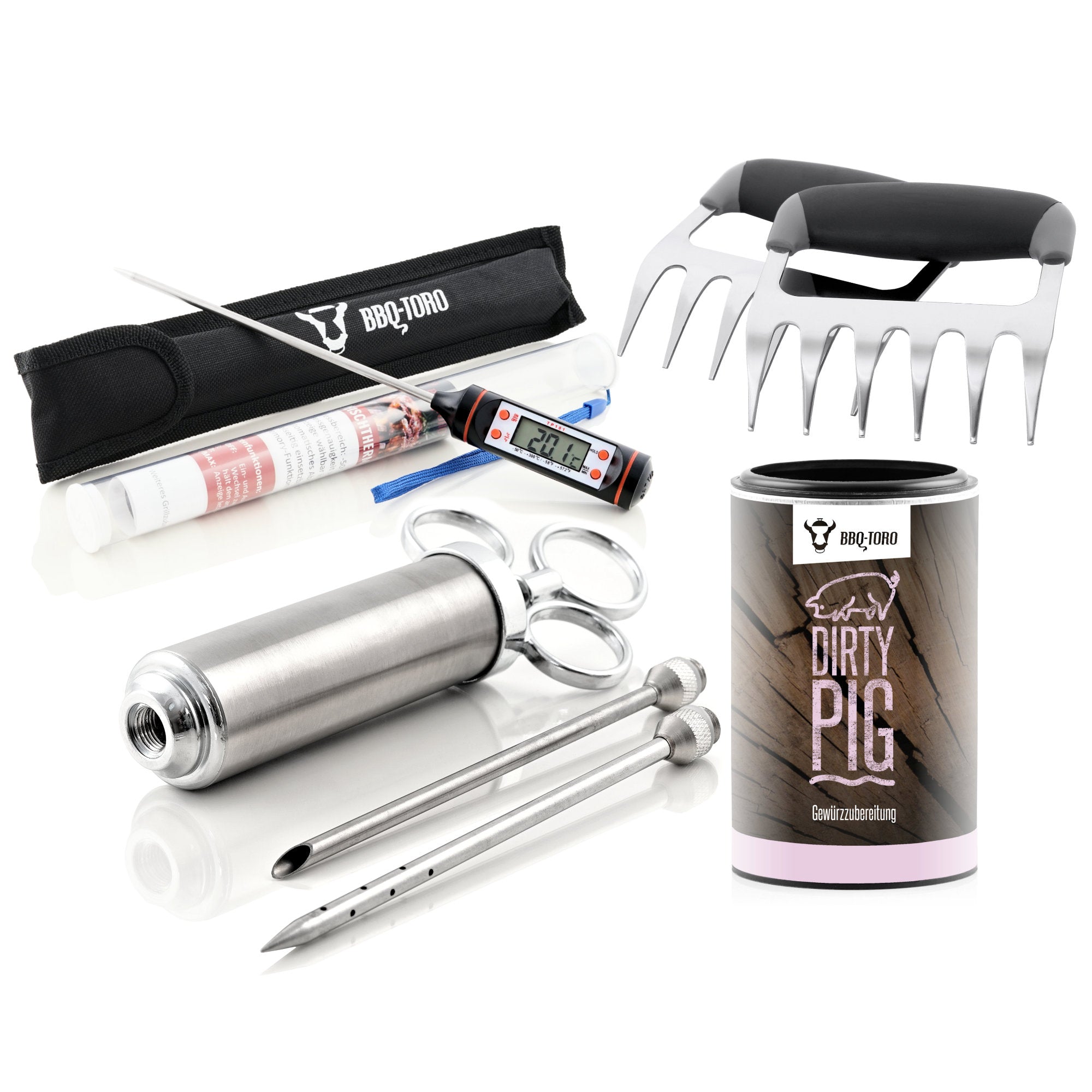 Pulled Pork Set, 4-teilig, inkl. Fleischmarinierspritze, Thermometer und Fleischkrallen