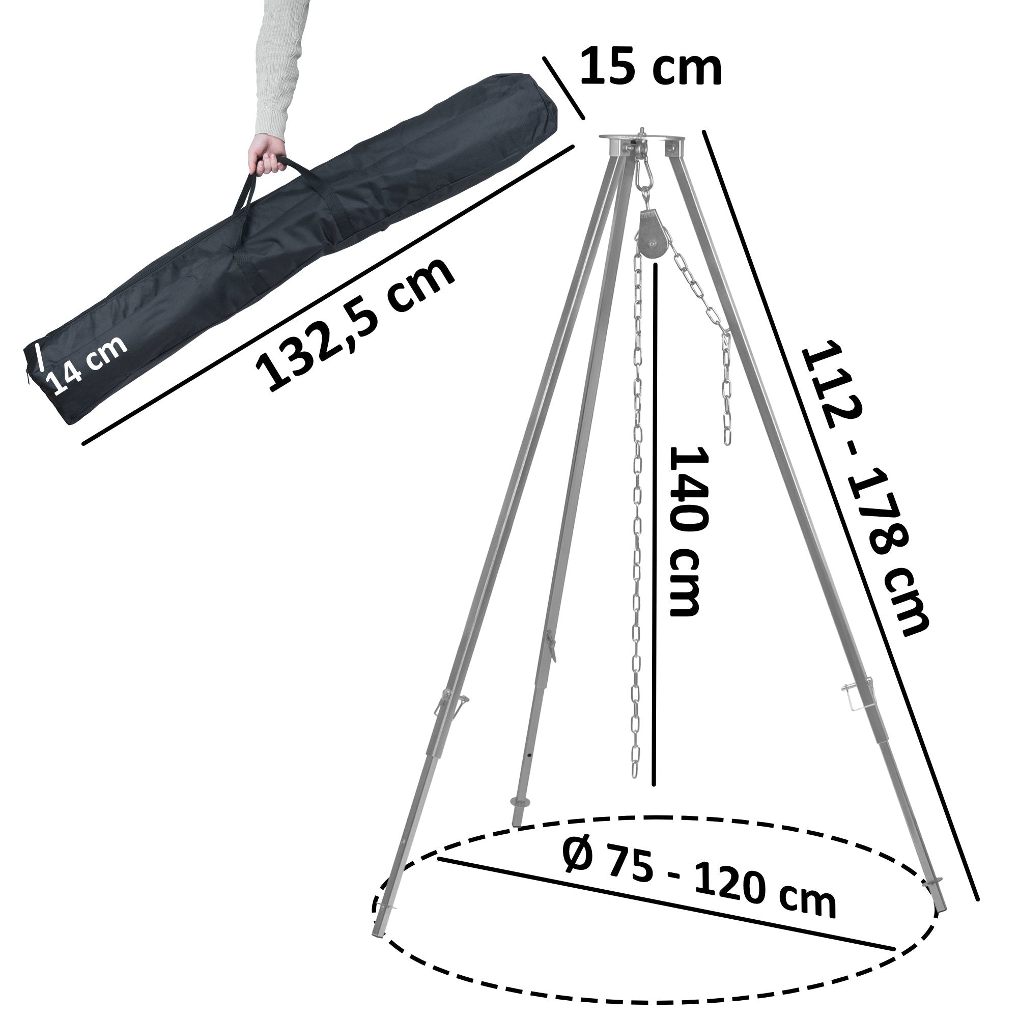 Tripod grill, 112 - 178 cm, incl. grill grate, Ø 54 cm, cast iron