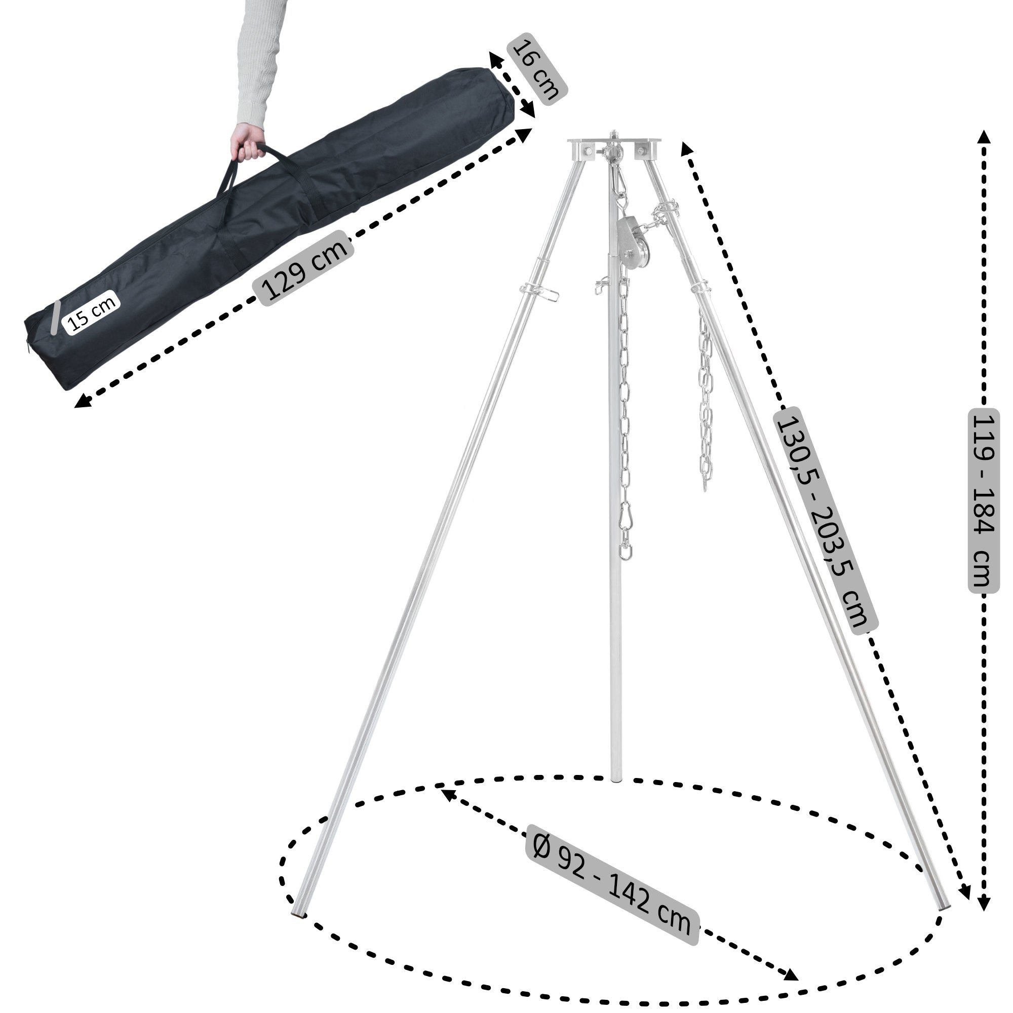 Dreibein Grill mit Tragetasche, 119 - 184 cm