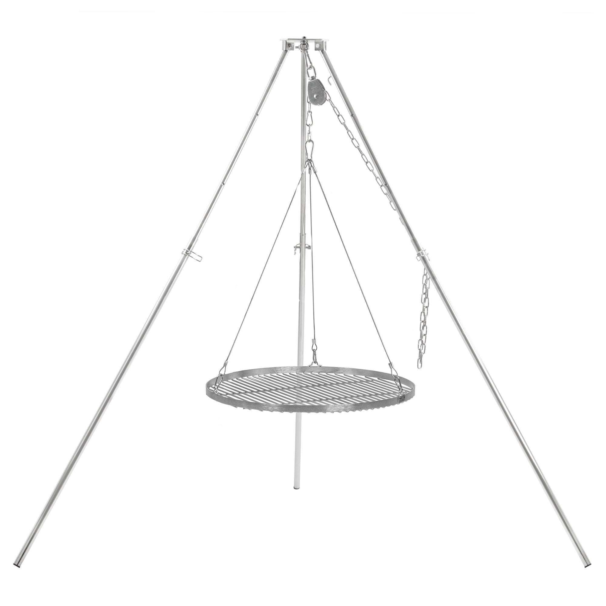 Barbecue trépied, 119 - 184 cm, acier inoxydable, grille incluse