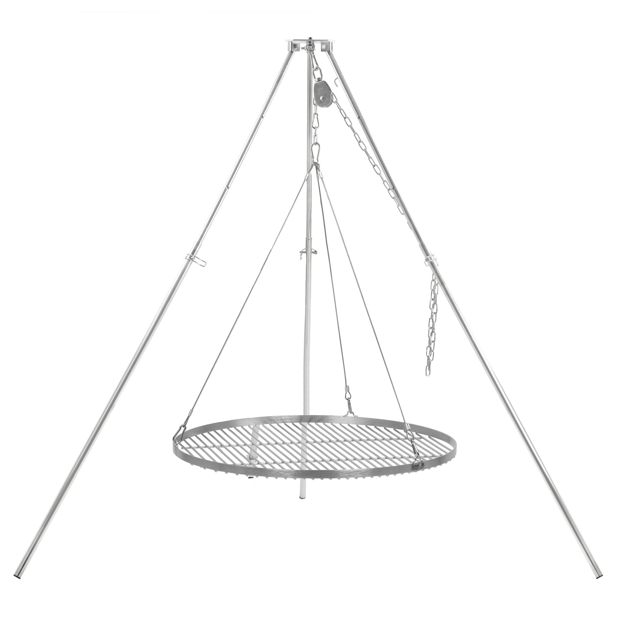 Barbecue trépied, 119 - 184 cm, acier inoxydable, grille incluse